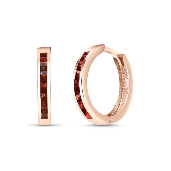 Galaxy Gold Products Jewelry - 14K. SOLID GOLD HOOP HUGGIE EARRING WITH GARNETS (Rose Gold)